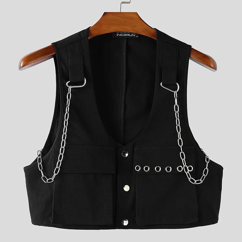 INCERUN Men's V-Neck Sleeveless Crop Vest — Solid Color Streetwear Waistcoat
