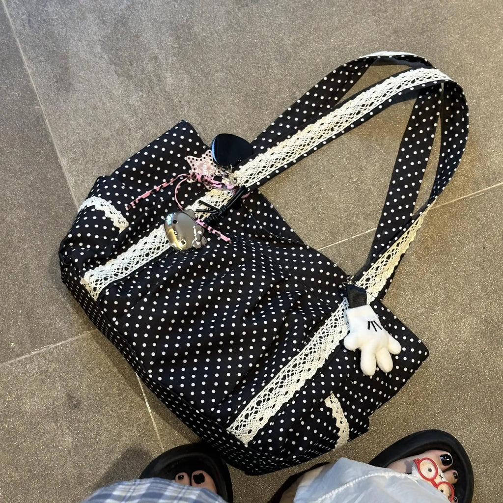 Korean Vintage Canvas Shoulder Bag – Cute Lace Large Capacity Tote & Underarm Handbag for Women
