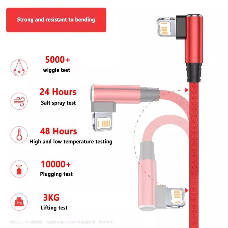 90-Degree Right Angle Lightning Fast Charge Cable – 3A Braided Cord for iPhone, 0.3m to 3m, 3 Colors