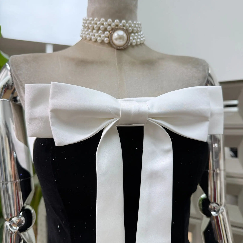 Women's Strapless Backless Polka Dot Bow A-Line Dress – Party Evening Ball Gown