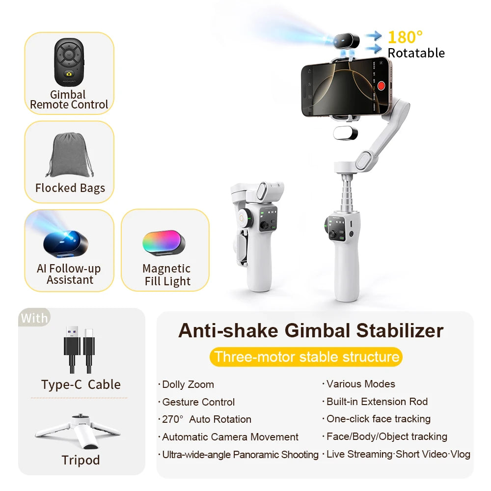 AOCHUAN 3-Axis Handheld Gimbal Phone Stabilizer — Smooth Video for iPhone & Android