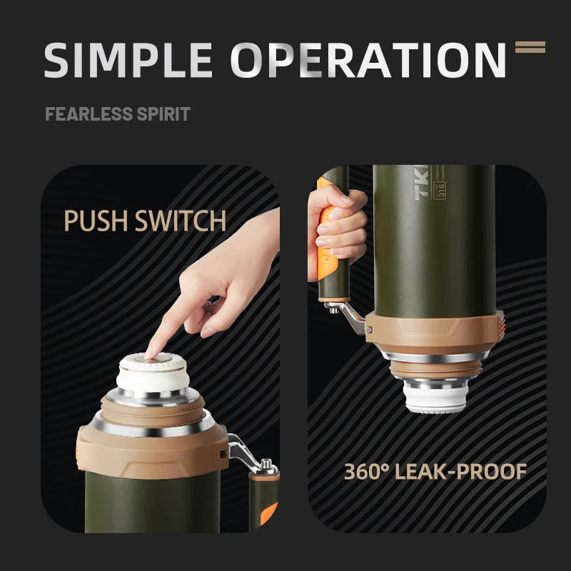 TKK 2000ml 316 SS Vacuum Thermos Flask with Rope – BPA-Free, Hot & Cold, Ergonomic Spout, 68oz Large Capacity
