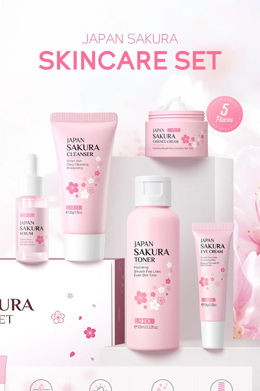 LAIKOU Sakura 5-Piece Korean Skincare Gift Set — Moisturizing & Brightening Routine