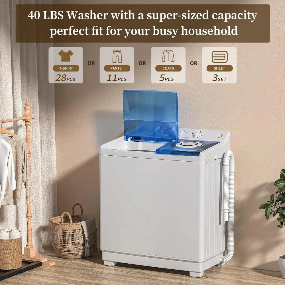 Portable Twin Tub Washing Machine 40 Lbs | Washer & Spinner Dryer Combo, 1300 RPM, Built-In Drain Pump, Apartment, Dorm & RV