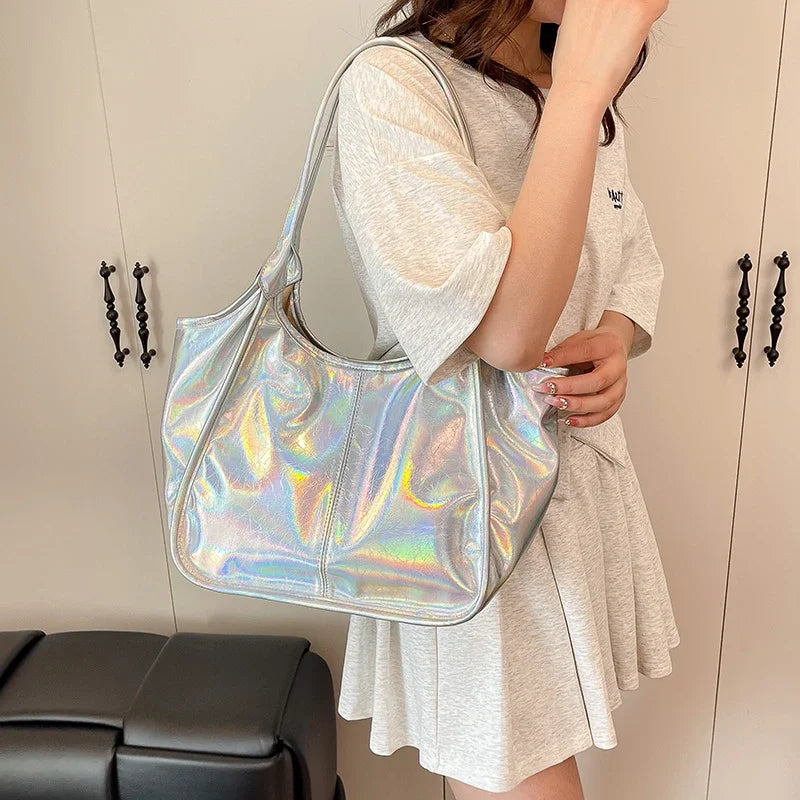Silver TPU Large Capacity Tote Bag – Luxury Business Shoulder Handbag for Women
