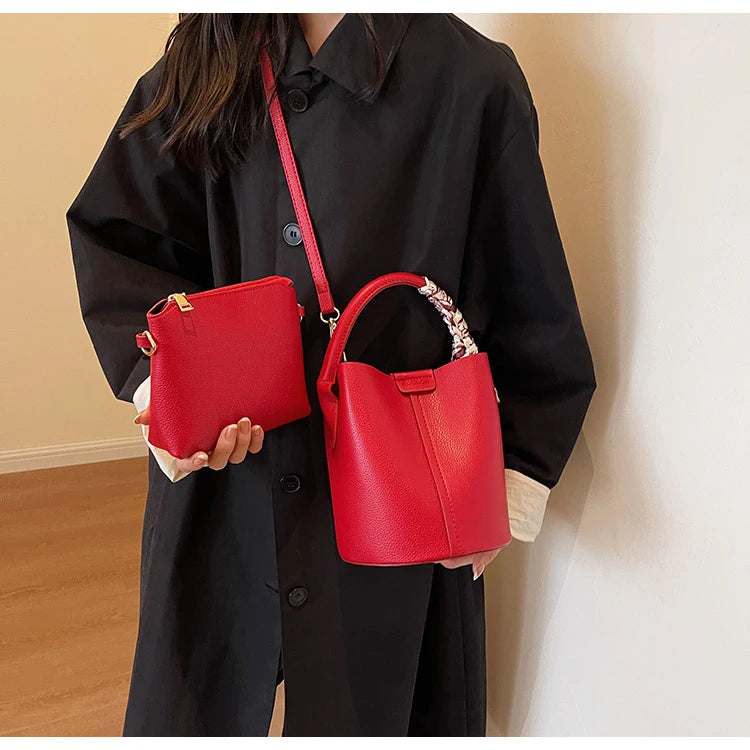 Fashion Simple PU Leather Bucket Shoulder Bag – Luxury Commuter Handbag for Women