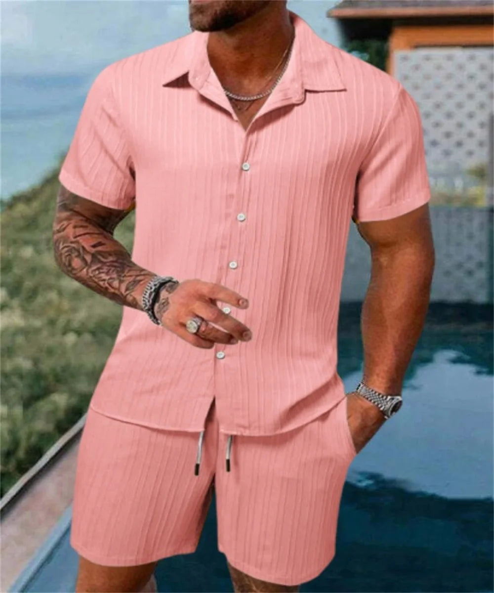 Men's Solid Color Casual Beach Shirt & Shorts Set – Loose Short Sleeve Outdoor Sport Summer 2-Piece