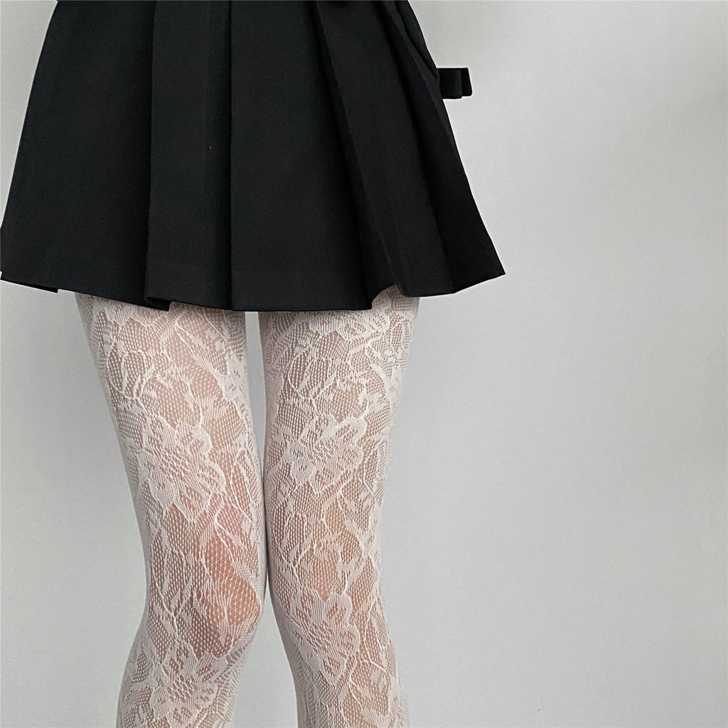 Lolita Floral Thigh-High Fishnet Stockings — Sheer Patterned Hosiery