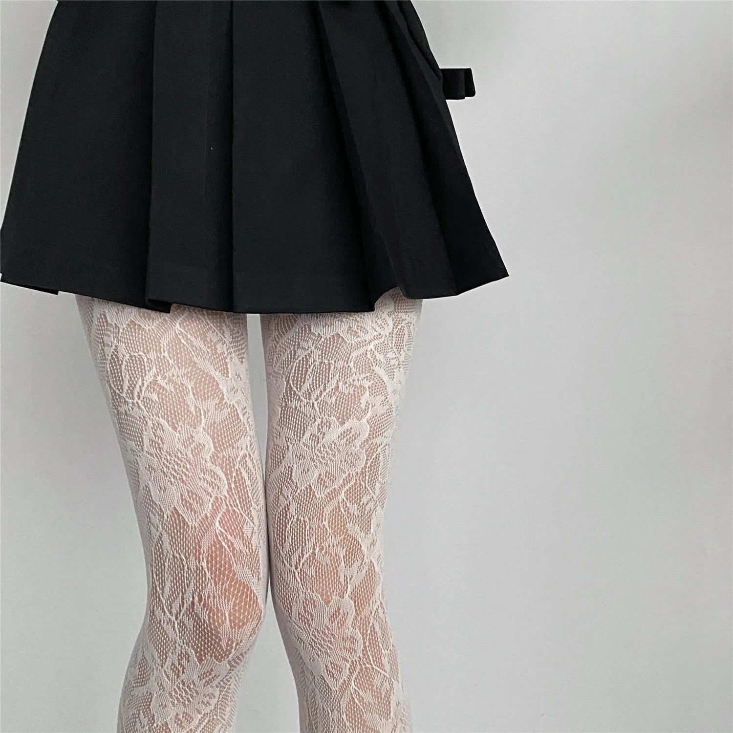 Lolita Floral Thigh-High Fishnet Stockings — Sheer Patterned Hosiery
