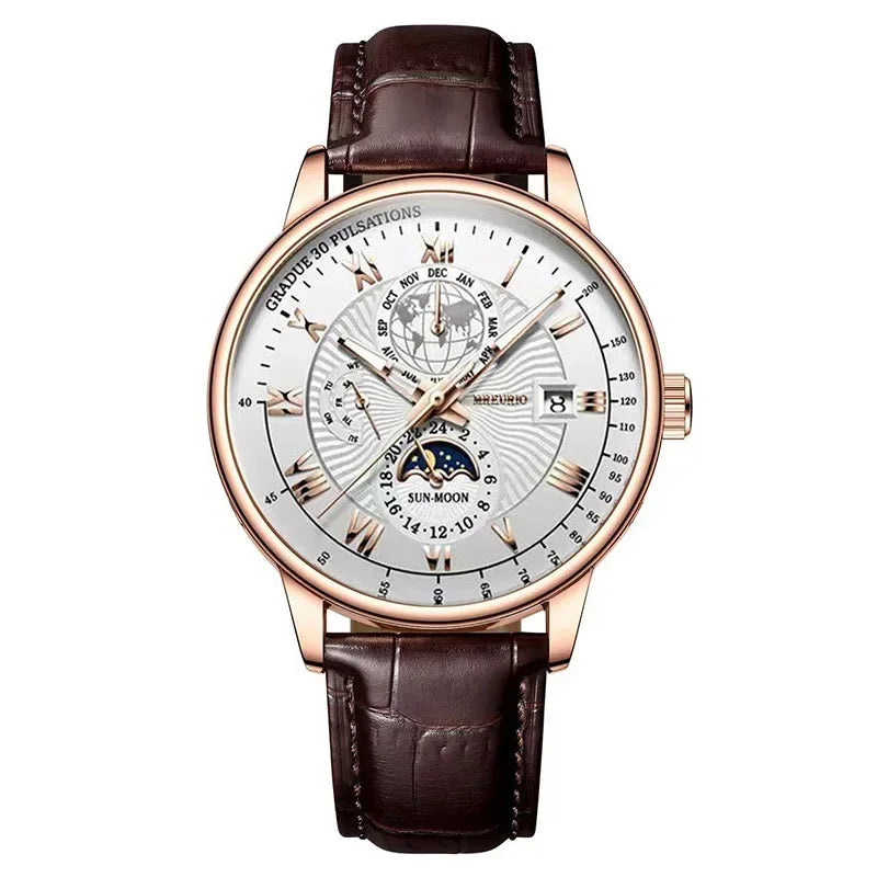 Men's Moon Phase Chronograph Quartz Watch | Luminous Leather Strap Luxury Sport Wristwatch