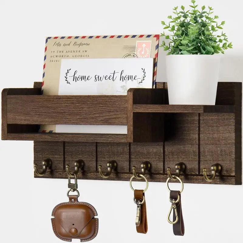 Wall-Mounted Wood Storage Rack with 7 Hooks — Mail, Keys, Glasses & Entryway Organizer
