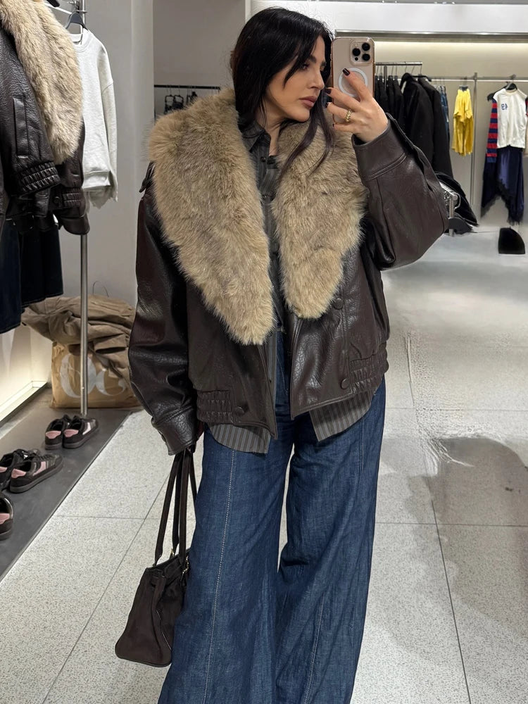 Women's Double-Breasted Faux Fur Collar Leather Bomber Jacket – Loose Warm Streetwear Coat