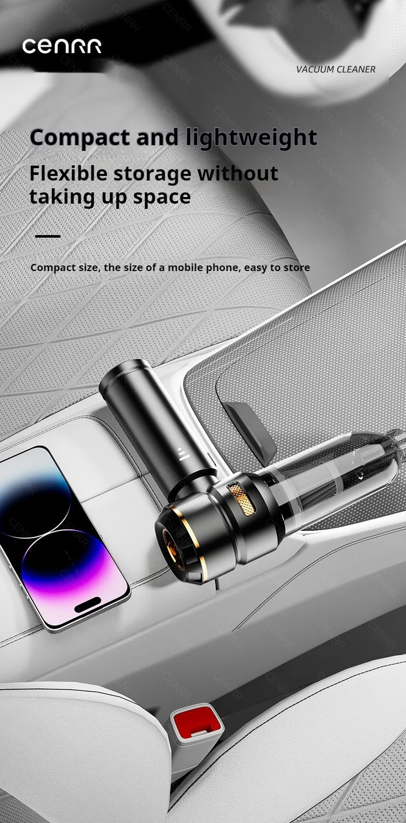 CENRR Wireless Car Vacuum Cleaner — 3-Gear Brushless Motor, 6000mAh, 9 Accessories, USB-C Charging