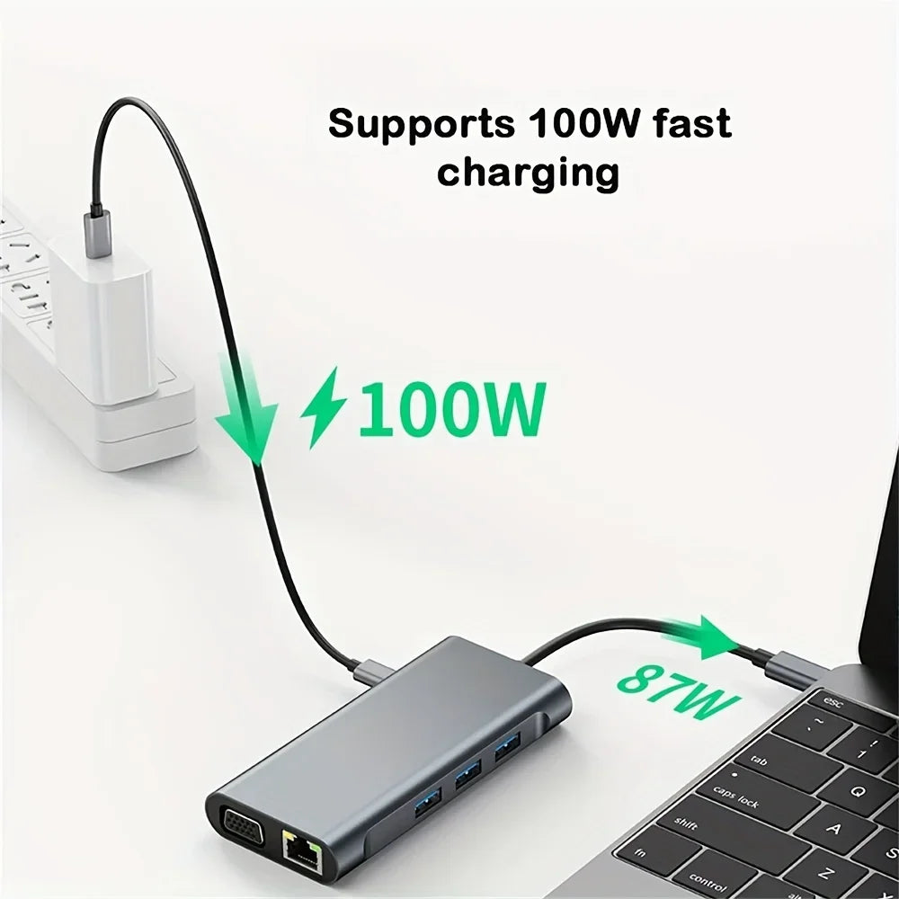 10-in-1 USB-C Hub — 4K HDMI, 100W PD Charging, USB 3.0, SD/TF Card Reader, RJ45 Ethernet