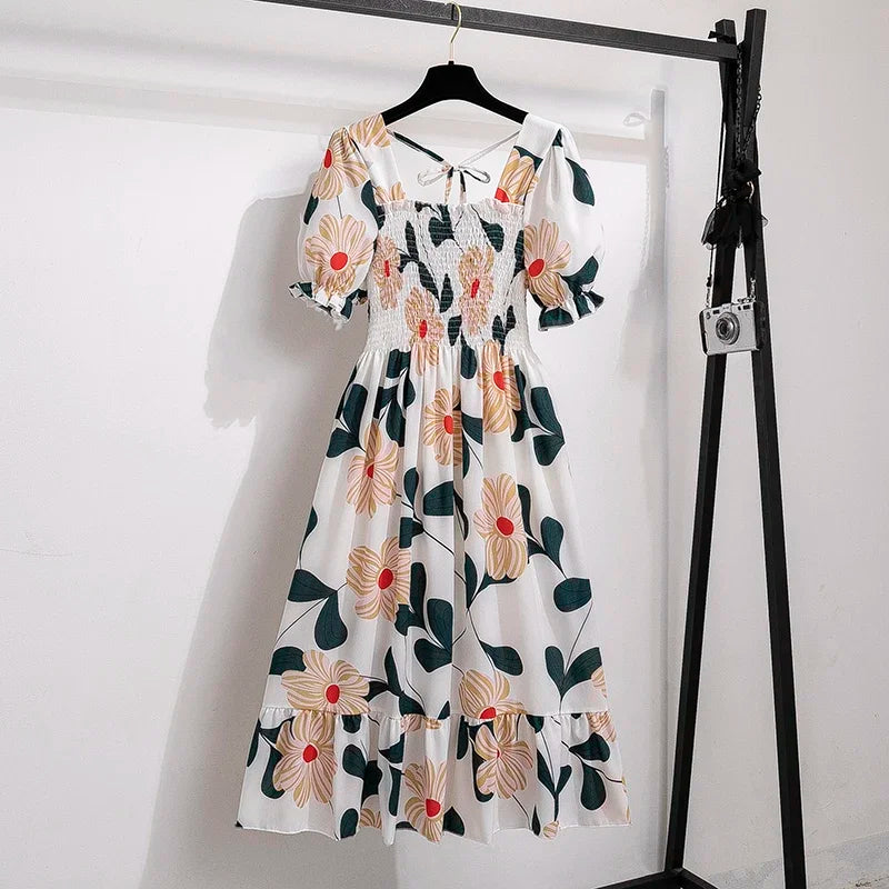 Chiffon A-Line Midi Dress — Elastic Waist Short Sleeve Casual Dress