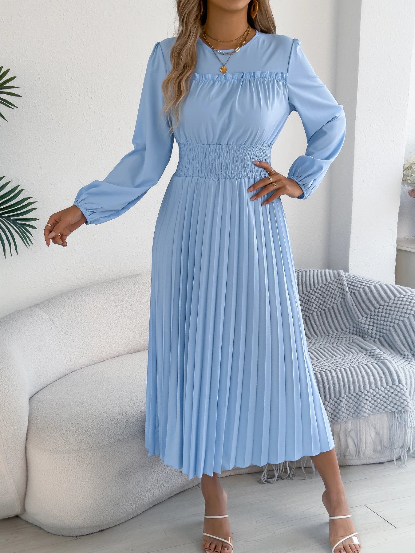 Elegant Dresses Women 2026 Autumn Winter Casual Solid Color High Waist Long Sleeve Maxi Dress Khaki Green Blue Woman Clothing