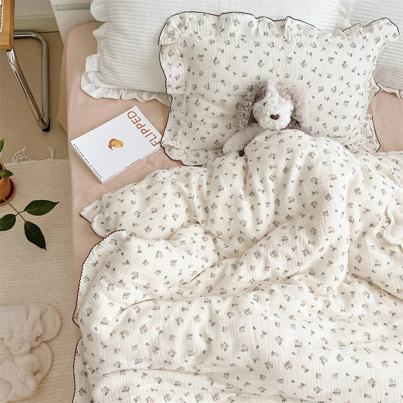 Princess Ruffle Bedding Set – 100% Cotton Gauze Duvet Cover with Pillowcases, Floral, 3-Piece