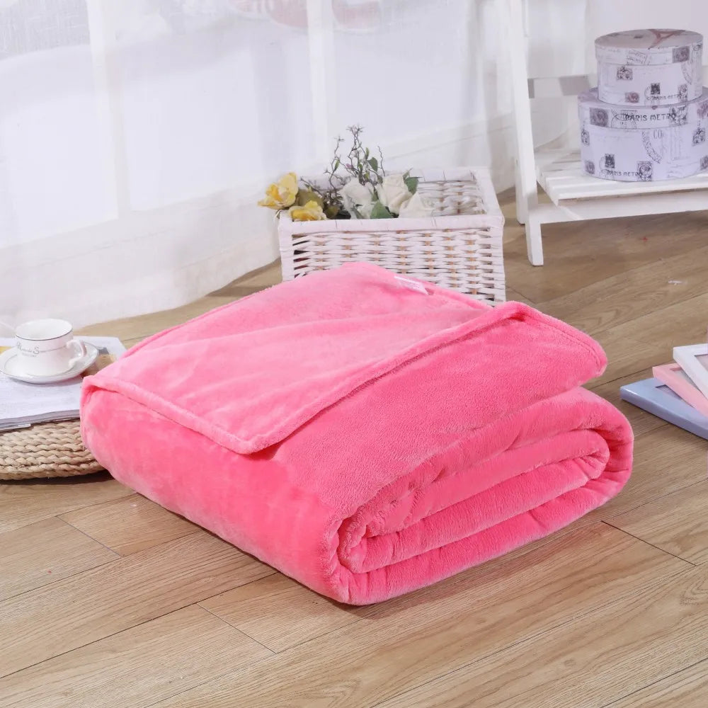 Coral Fleece Flannel Blanket – Solid Blue & Pink Soft Warm Bedspread & Sofa Cover