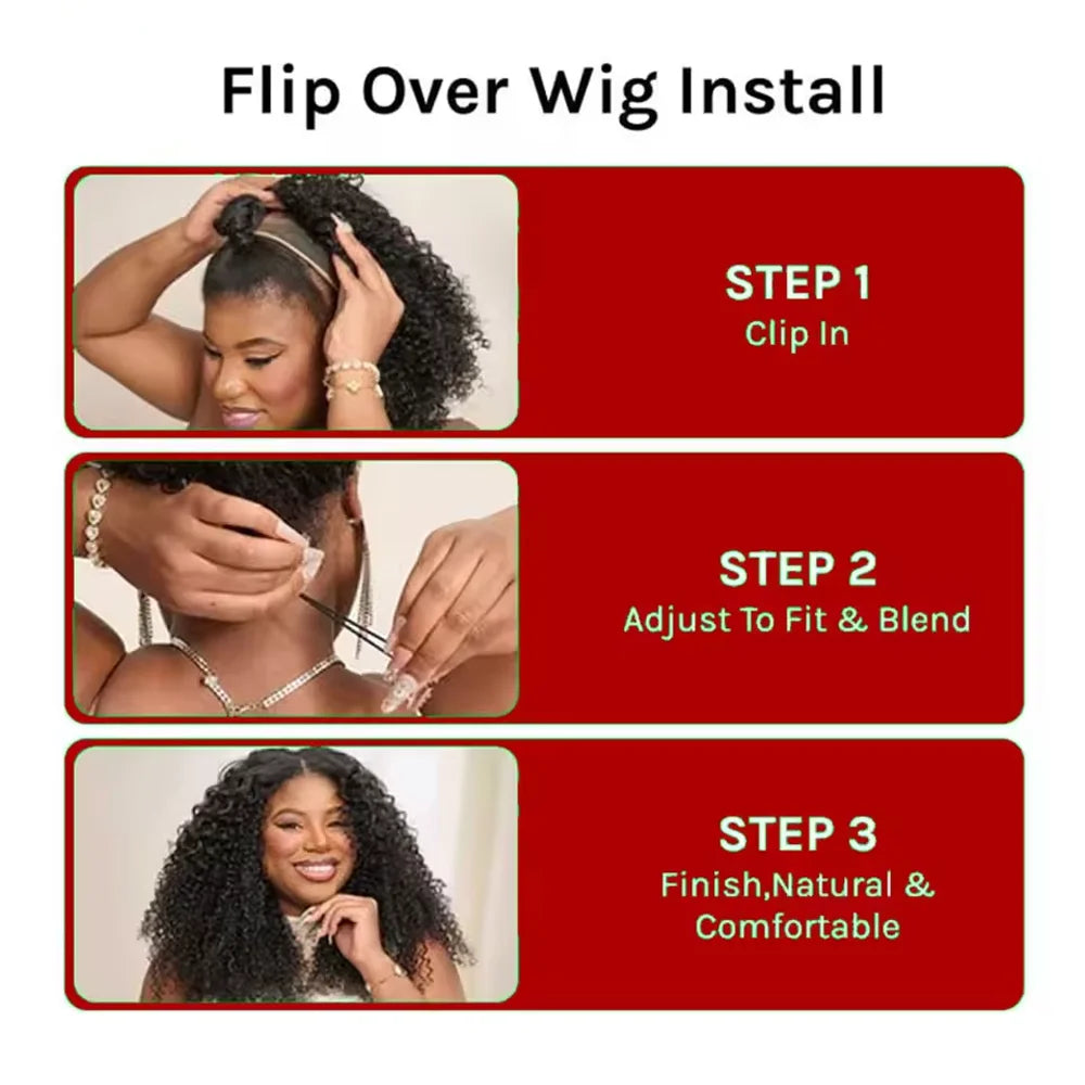 16 Inch Curly Half Wig | 3-in-1 Seamless Flip-Over Water Wave Drawstring Human Hair 200 Density