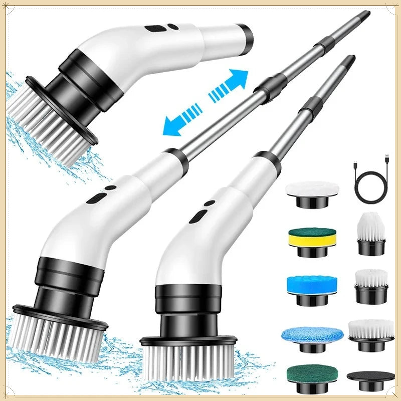 Cordless Electric Spin Scrubber – 9 Brush Heads, Adjustable Extension Handle, Shower & Bathroom Cleaning Brush
