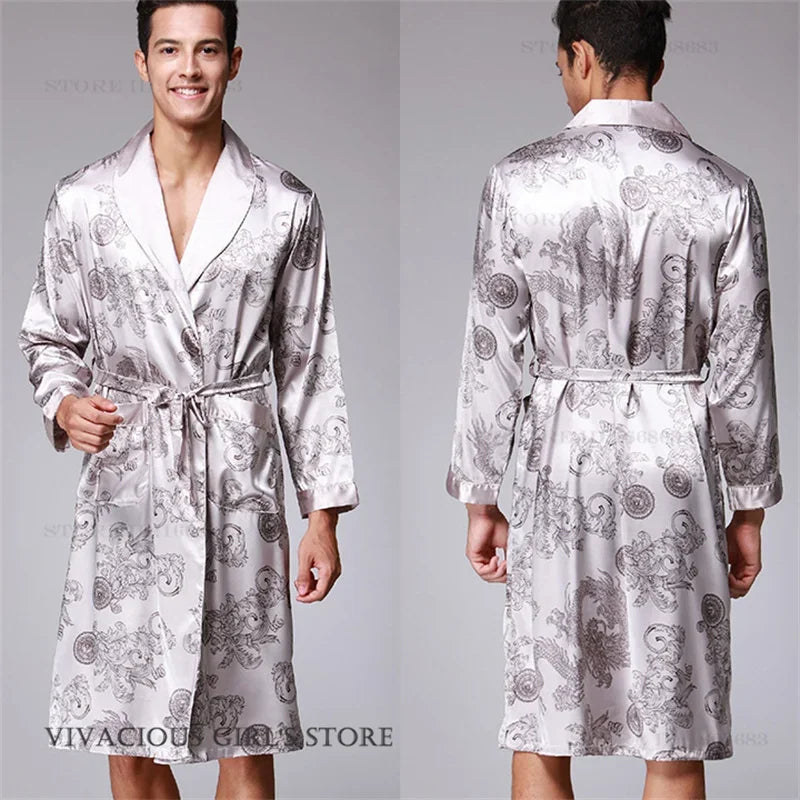 Men's Dragon Print Kimono Bathrobe — Plus Size Satin Robe