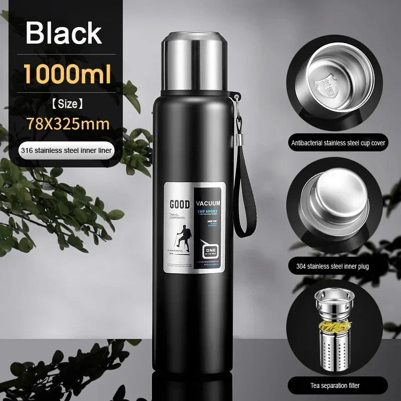 CZSAE 316 SS Vacuum Thermos Tumbler – Bullet Shape, 12–24Hr Insulated, 600ml–2000ml, Silver & Black, CE Certified