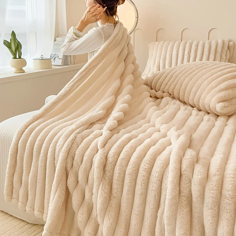Thickened Wide Stripe Plush Flannel Multifunctional Blanket – Bed Sheet, Sofa & Nap Cover, 7 Colors & 5 Sizes