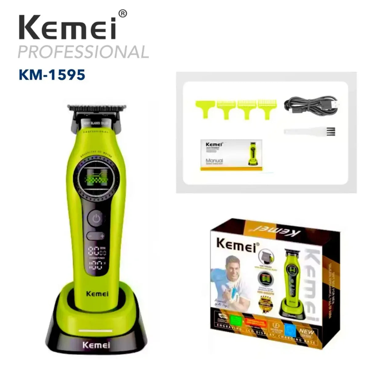 Kemei KM-1593 / KM-1595 Professional Brushless Clipper – 5-Speed, DLC Blade, 200-Min, USB-C
