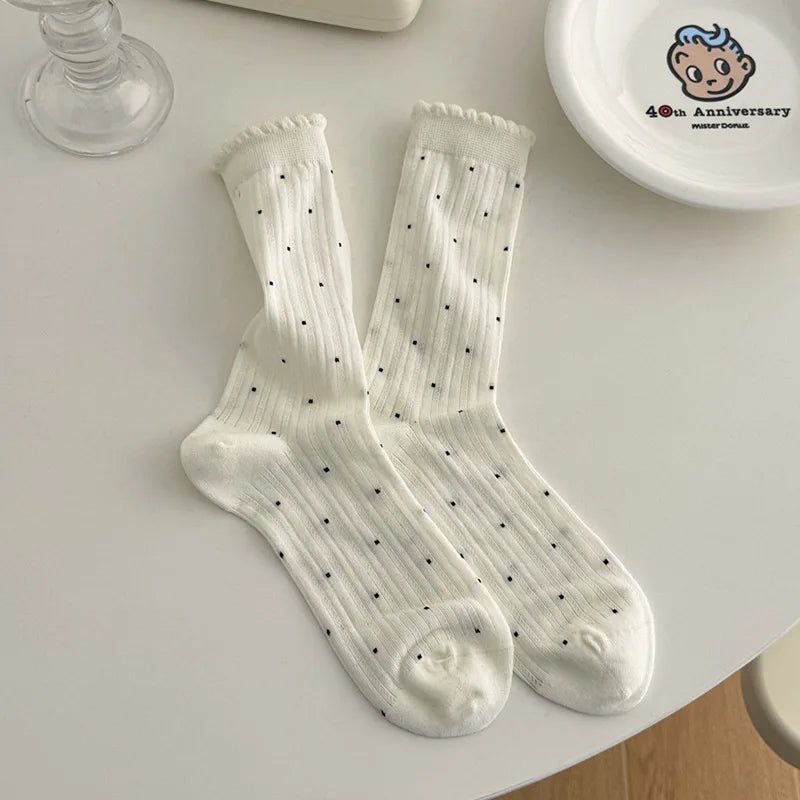 Women's Polka-Dot Crew Socks – Thin Cotton Blend