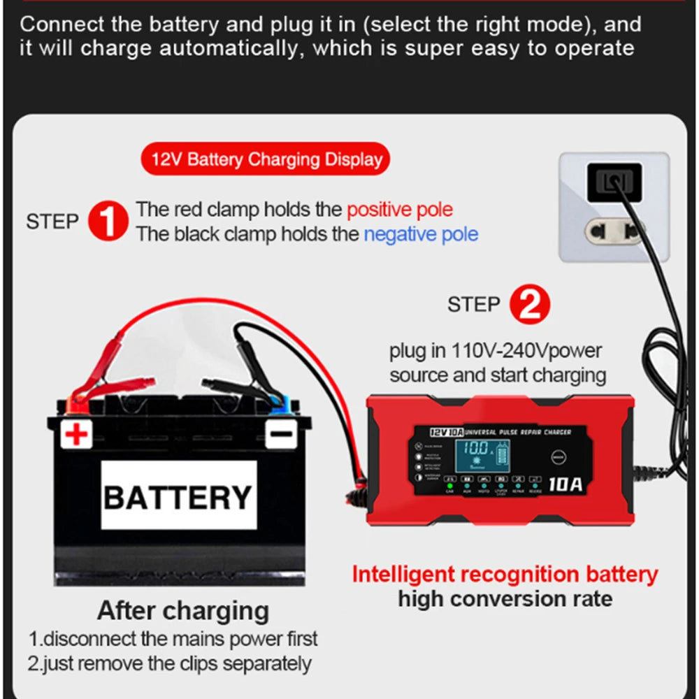 12V 10A Smart Car Battery Charger – LiFePO4 Lead Acid AGM GEL Motorcycle Battery Repair Charger