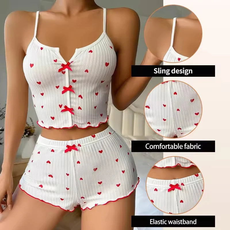 Women's Heart Print Frill Trim Cami Top & Shorts Loungewear | Soft Ribbed Pajama Set