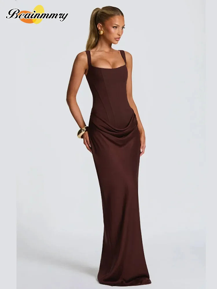 Brown Square-Neck Pleated Mini Dress — Sleeveless Backless Bodycon Club Dress