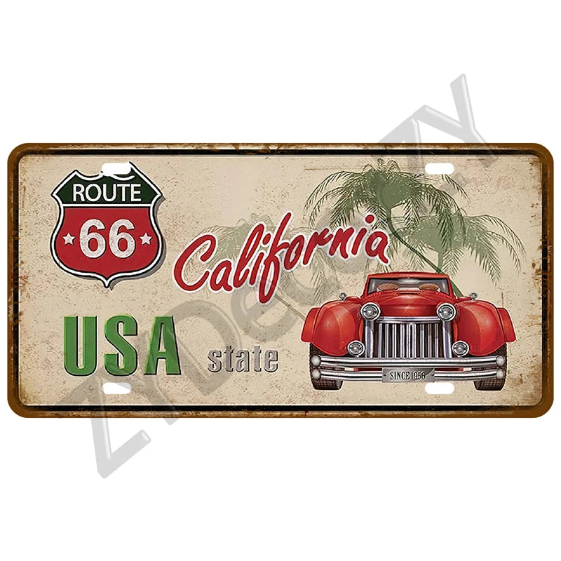Route 66 Vintage Car Garage Tin Sign — Retro Wall Art Decor