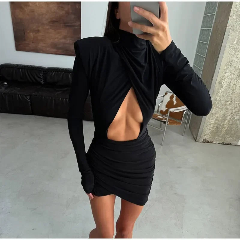 Waist-Cinching Blazer Mini Dress — V-Neck Full Sleeve Slim Office Dress
