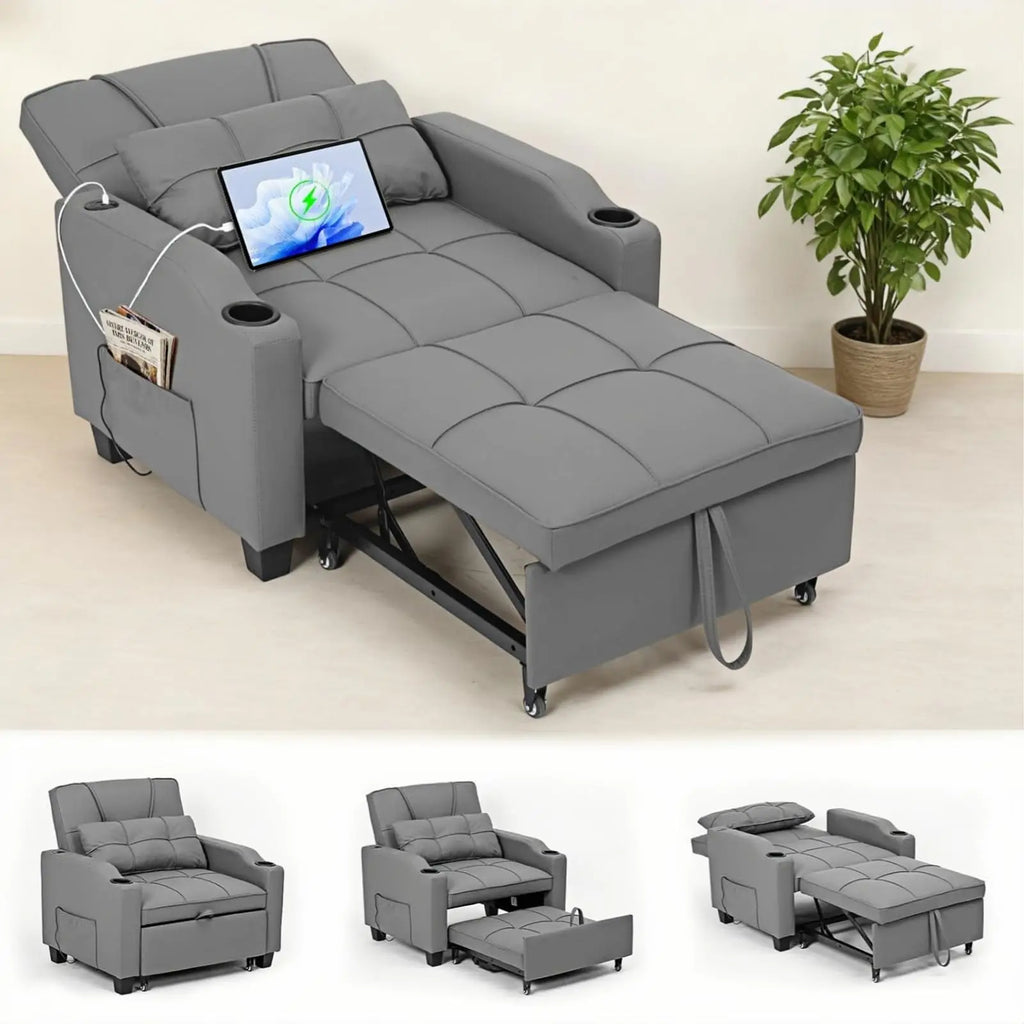 Gray convertible sleeper chair bed with USB charging, cup holders and modern space-saving design