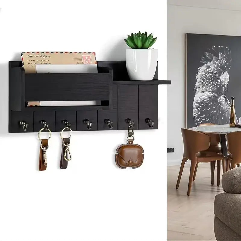 Wall-Mounted Wood Storage Rack with 7 Hooks — Mail, Keys, Glasses & Entryway Organizer
