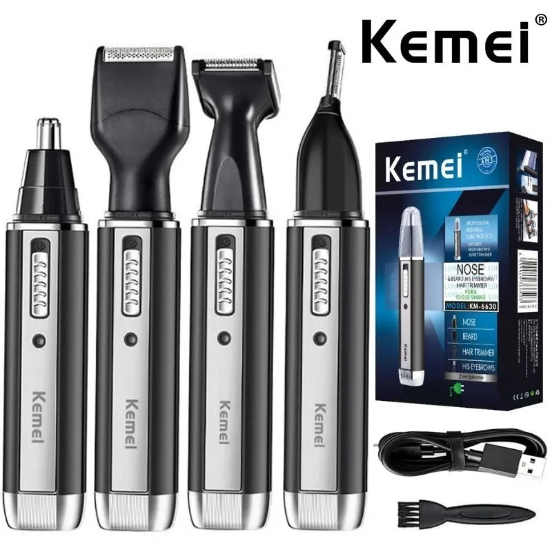 Kemei 4-in-1 Grooming Kit – Nose, Ear, Eyebrow & Beard Trimmer, USB Rechargeable