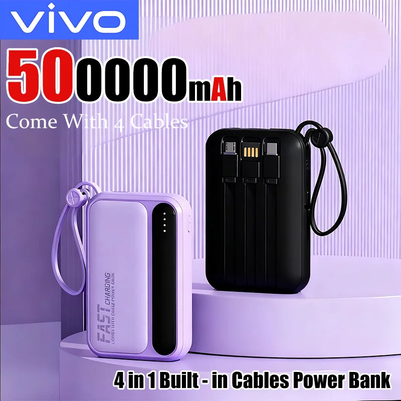VIVO 500000mAh Power Bank – Built-in 4 Cables Super Fast Charging Portable External Battery 2026