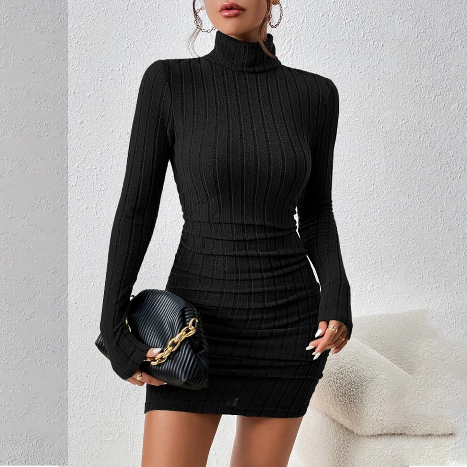 Knitted Turtleneck Bodycon Mini Dress — Slim Fit Party & Club Dress