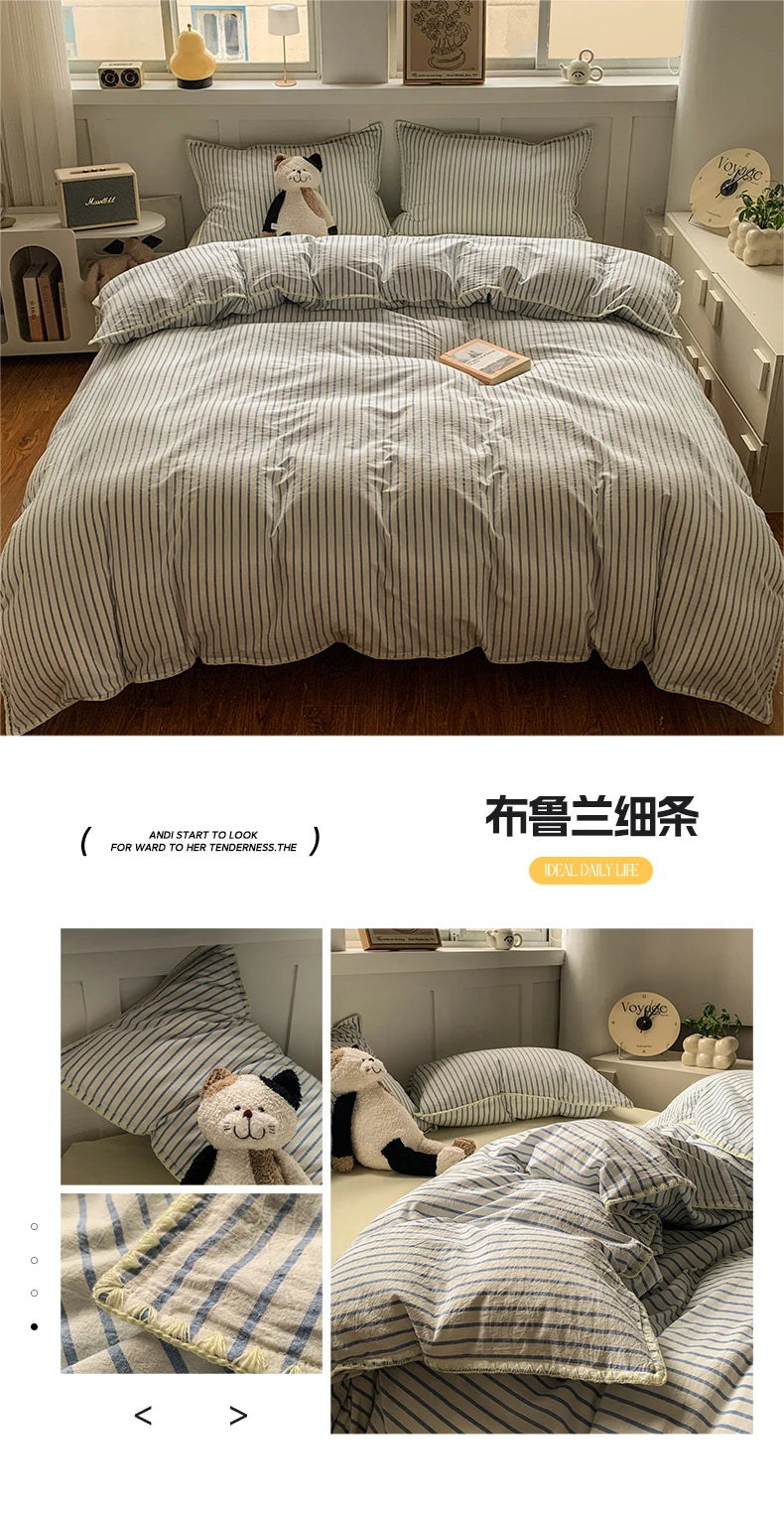 100% Cotton Stripe Duvet Cover Set – 3-Piece Bedding with 2 Pillowcases, 3 Sizes