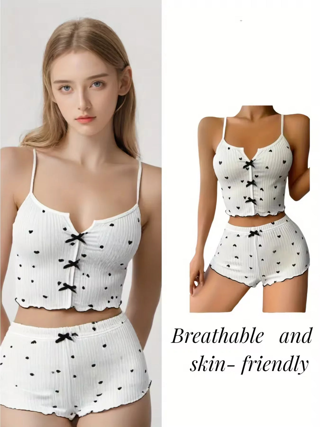 Women's Heart Print Frill Trim Cami Top & Shorts Loungewear | Soft Ribbed Pajama Set