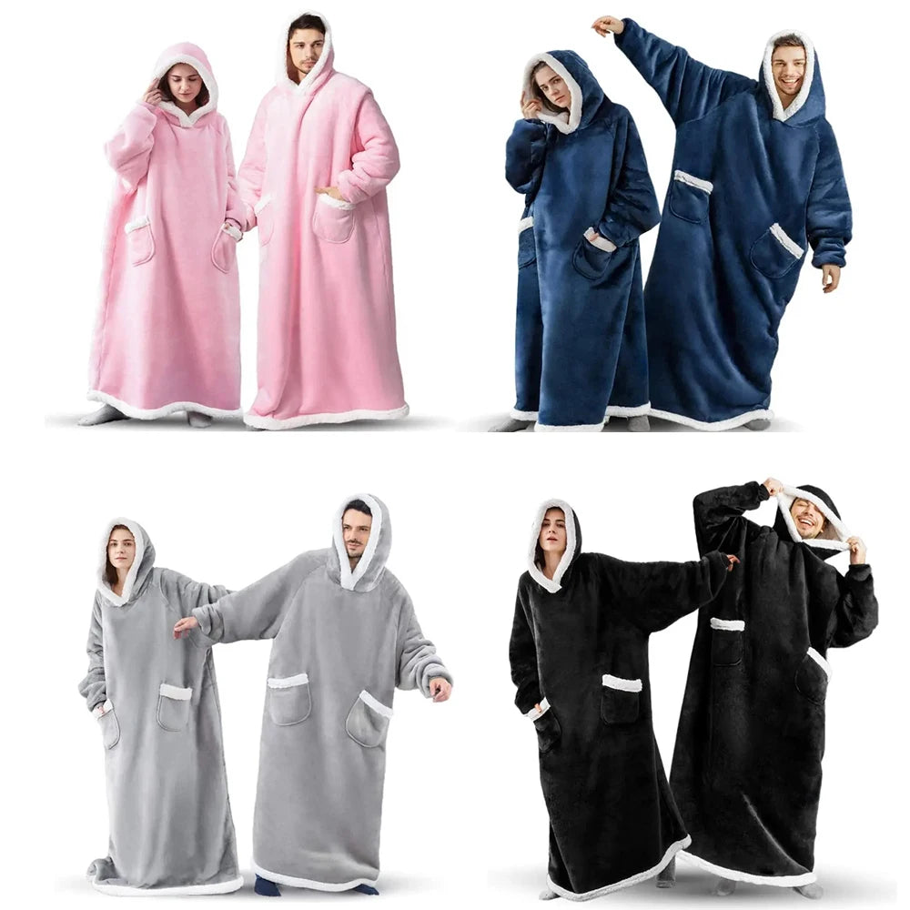 Super Long Flannel Blanket Hoodie – 180cm Oversized Fleece Sweatshirt with Sleeves for Women & Men