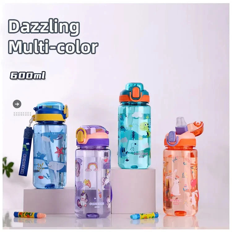 600ml Dinosaur Kids Water Bottle – BPA-Free Silicone Straw Sippy Cup, Leakproof with Carry Rope