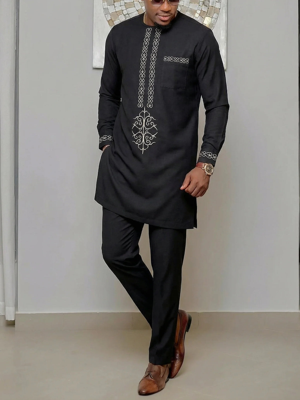Men's African Kaunda Kaftan Long Sleeve Top & Pants 2-Piece Suit – Traditional Ethnic Wear