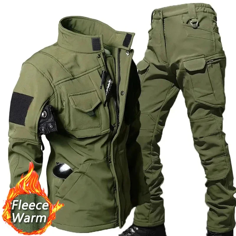 Men's Tactical Soft Shell Jacket & Cargo Pants Set – Waterproof Fleece-Lined Winter 2-Piece