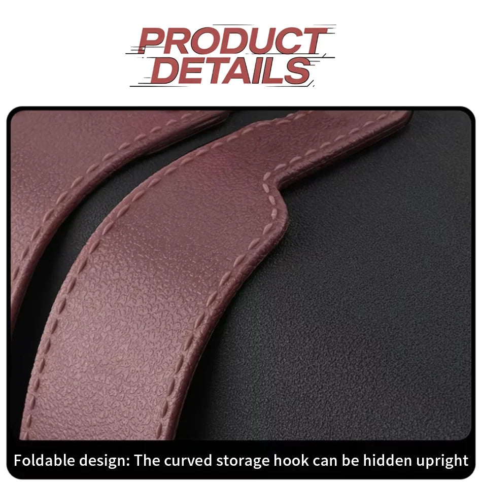 Close-up product detail showing a curved brown leather storage hook stitched onto a black textured surface, with text reading 'PRODUCT DETAILS' and a caption about the foldable design.
