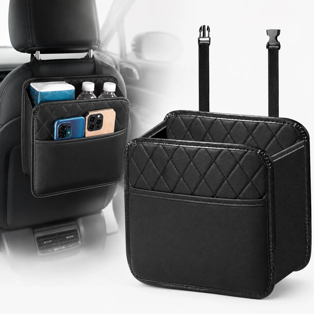 Black car seat organizer bag with quilted diamond stitching, shown both hanging on a car headrest with phone and bottle pockets visible, and as a standalone bag with two black straps on a white background.
