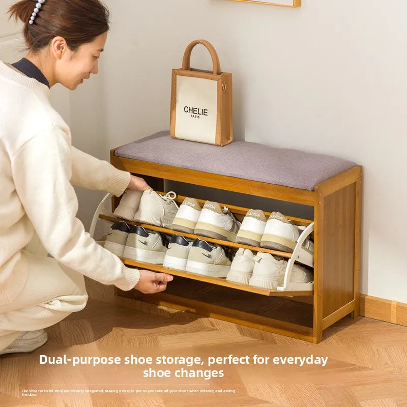 Bamboo & Wood Cushioned Shoe Stool — Entryway Bench