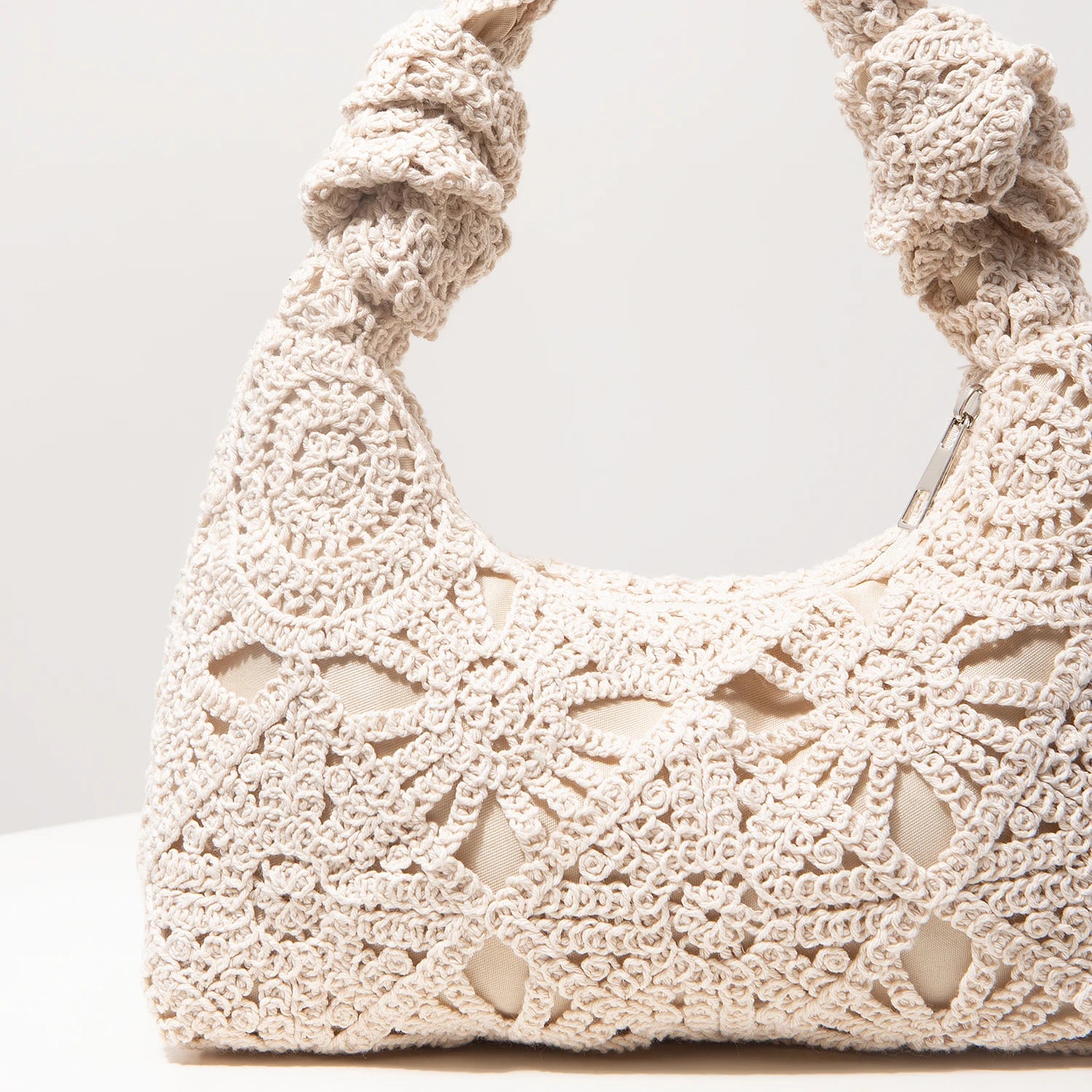 Boho Floral Half-Moon Beach Bag – Hollow-Out Polyester Shoulder Bag for Women
