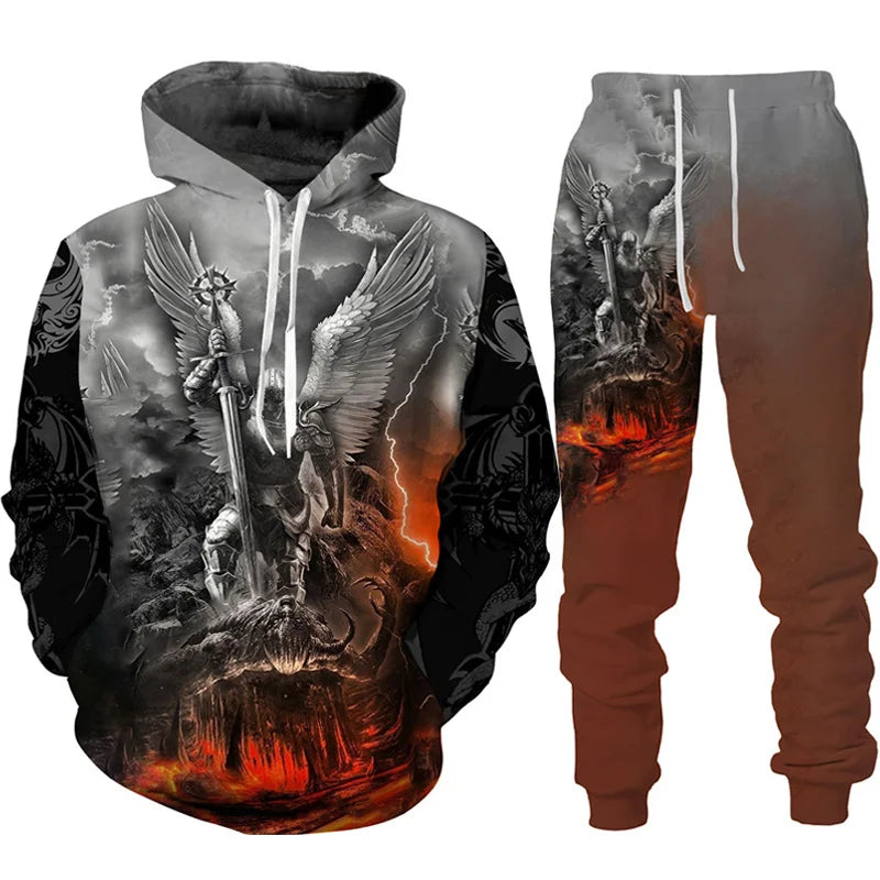 Dragon Print Hoodie Tracksuit Set – Oversized 2-Piece Sweatshirt & Pants